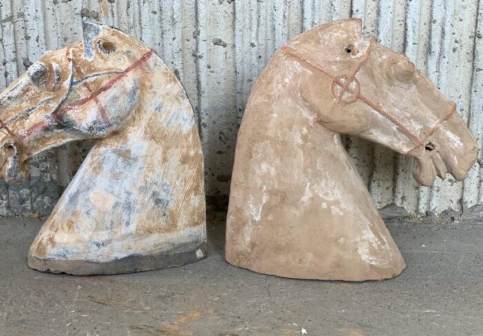 ancient han dynasty gray red pottery horse heads set of 4 6