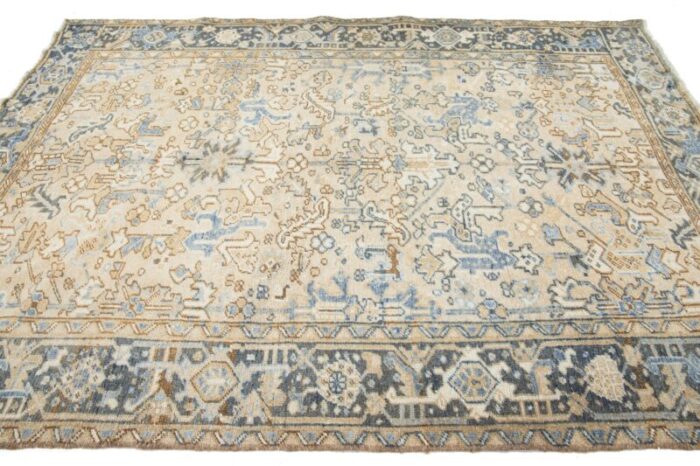 antique allover persian heriz wool rug in beige and blue 5685