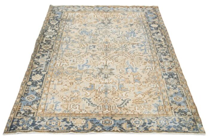 antique allover persian heriz wool rug in beige and blue 8995