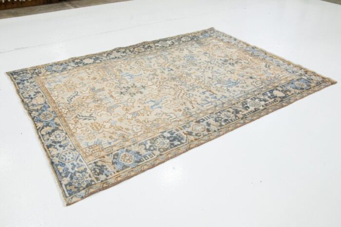 antique allover persian heriz wool rug in beige and blue 9485