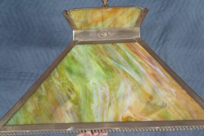 antique arts and crafts green slag glass swag pendant light 0394