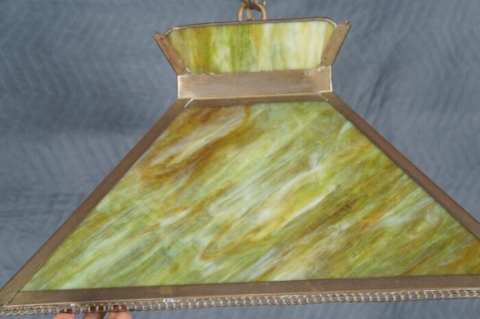 antique arts and crafts green slag glass swag pendant light 0595