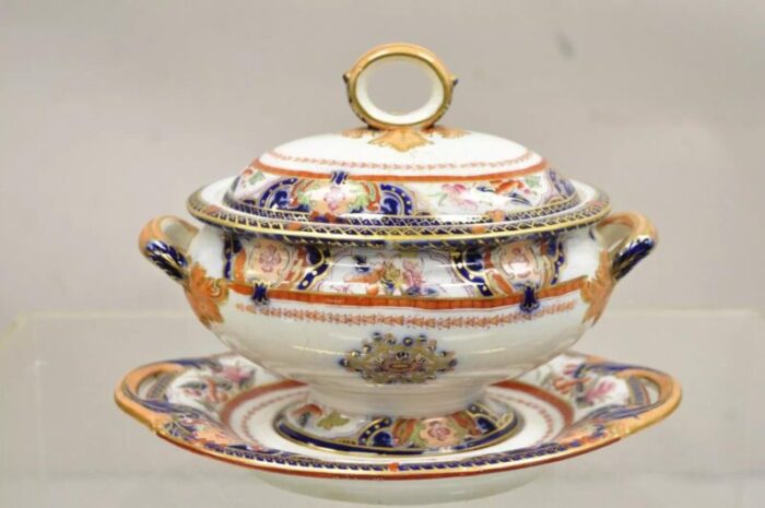 antique english ironstone diamond patent covered sauce tureen with underplate 8267