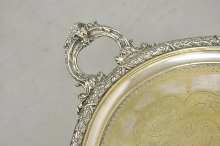 antique english victorian oval twin handle silver plated serving tray 0438