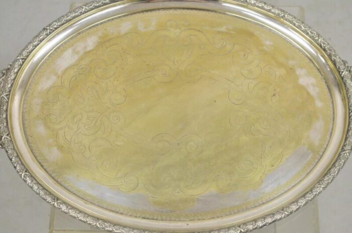 antique english victorian oval twin handle silver plated serving tray 8492