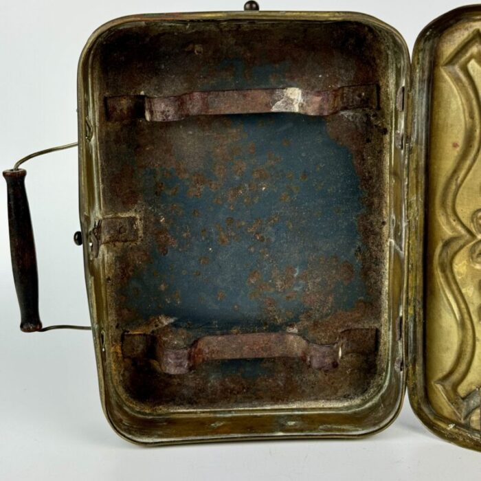 antique french metal portable chaufferette coal box with wooden handle to warm hands while tatting c1800s 0530