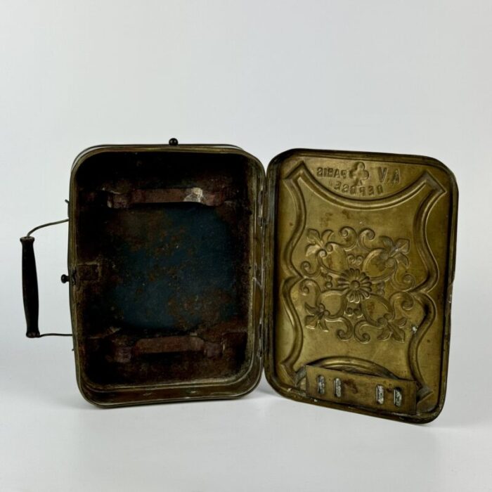 antique french metal portable chaufferette coal box with wooden handle to warm hands while tatting c1800s 0886