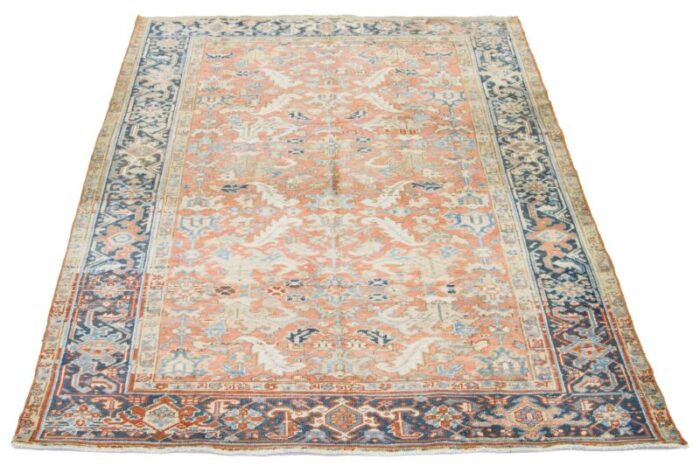 antique hand knotted persian heriz wool rug in peach with allover motif 0410