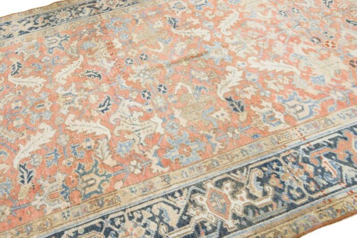 antique hand knotted persian heriz wool rug in peach with allover motif 8950