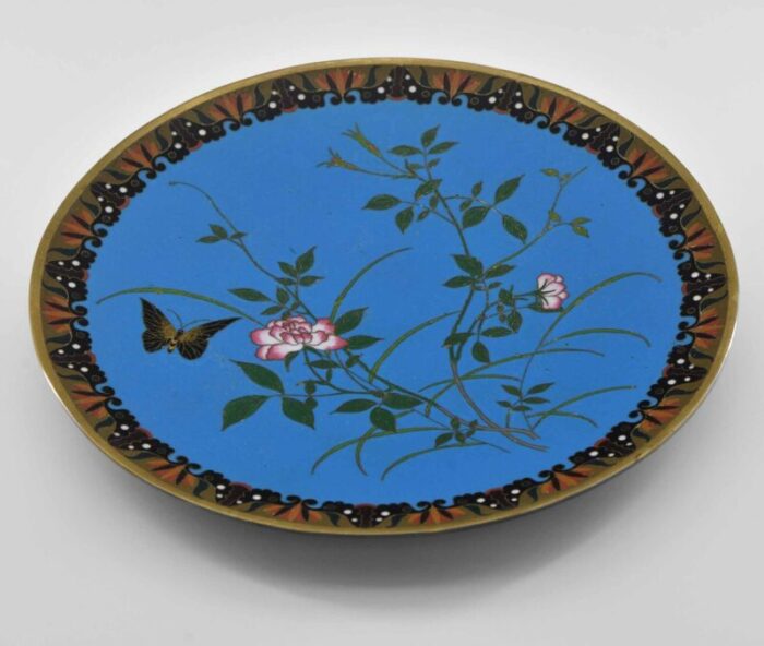 antique japanese meiji period cloisonne enamel dish with butterfly among flowers 1