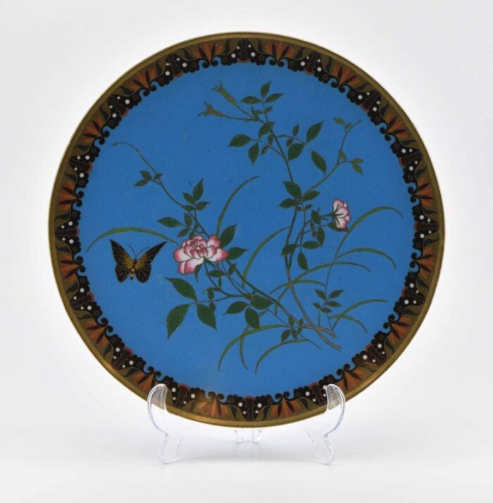 antique japanese meiji period cloisonne enamel dish with butterfly among flowers 2