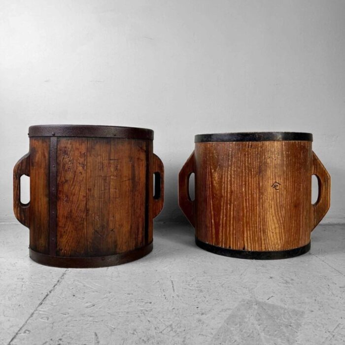 antique meiji handmade rice measure buckets japan set of 2 1