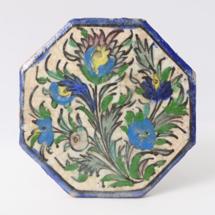 antique middle eastern qajar dynasty octagonal pottery tile 19th century 6