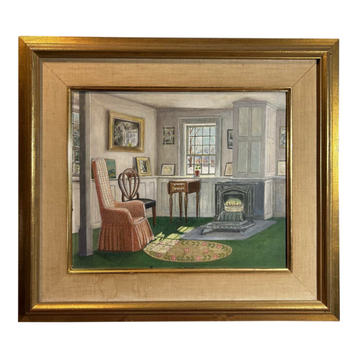 antique original painting of interior in gold frame 4366