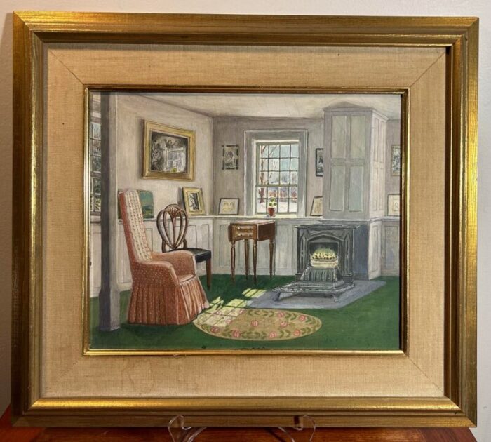 antique original painting of interior in gold frame 4600