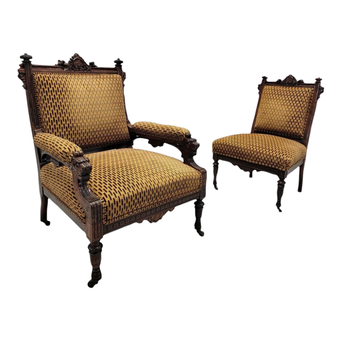 antique renaissance revival figural carved framed parlor chairs reupholstered in a patterned belgian chenille set of 2 8016