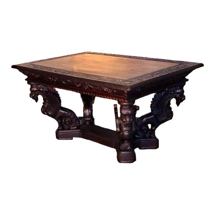 antique renaissance revival griffin carved oak writing desk or library table attributed to rj horner 7032