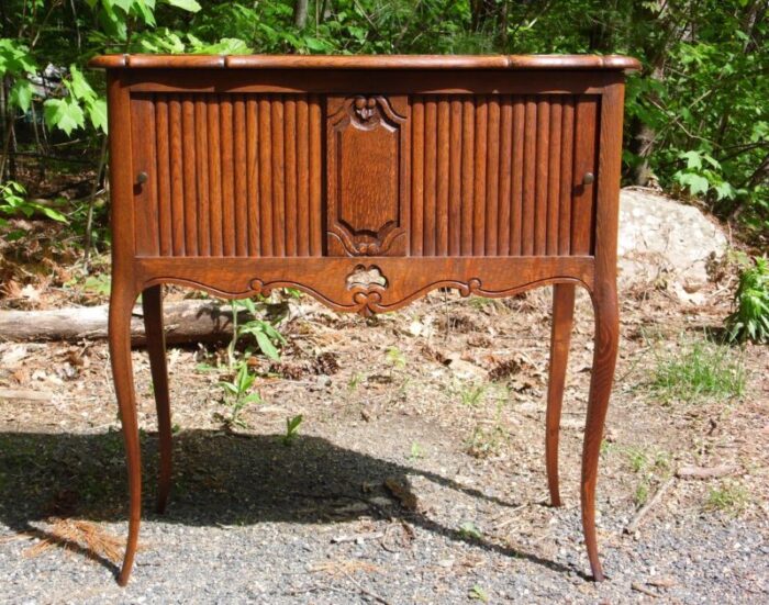 antique solid oak french louis xv style tambour cabinet table server cupboard 0872