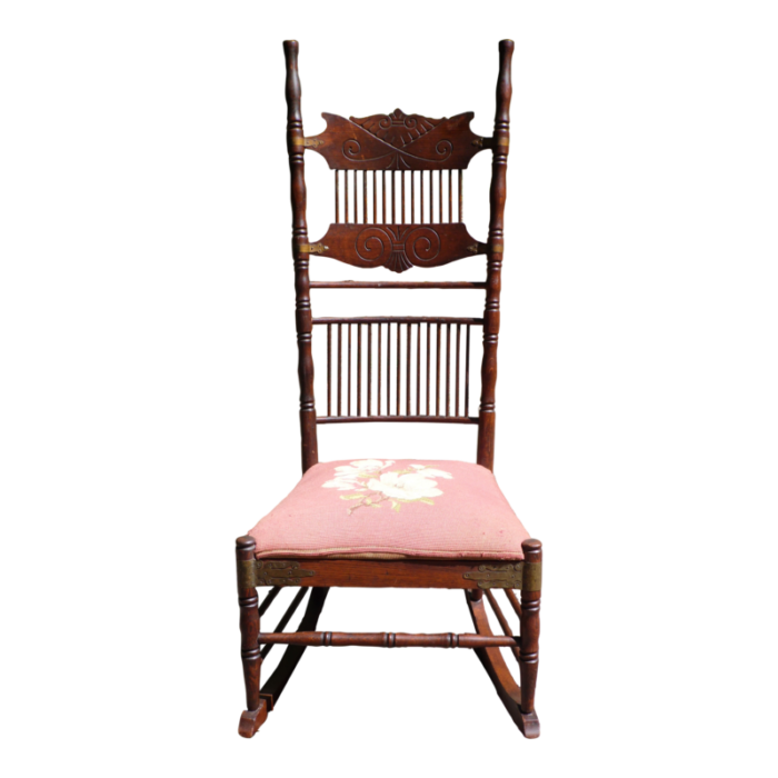 antique spoon carved solid oak spindle back rocker needlepoint rocking chair 8442