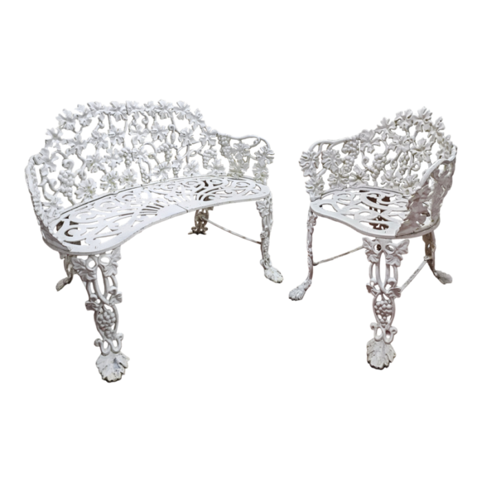 antique style 2 piece white garden settee and chair in cast metal 3454