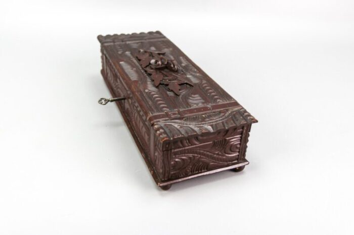 antique swiss black forest dark brown carved wood glove box ca 1900s 10