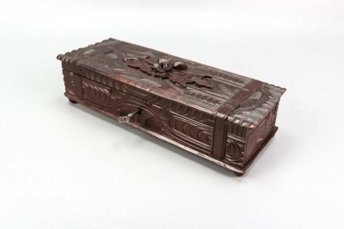 antique swiss black forest dark brown carved wood glove box ca 1900s 11