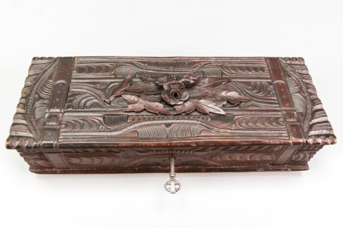 antique swiss black forest dark brown carved wood glove box ca 1900s 14