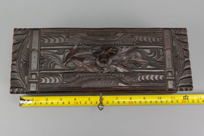 antique swiss black forest dark brown carved wood glove box ca 1900s 18