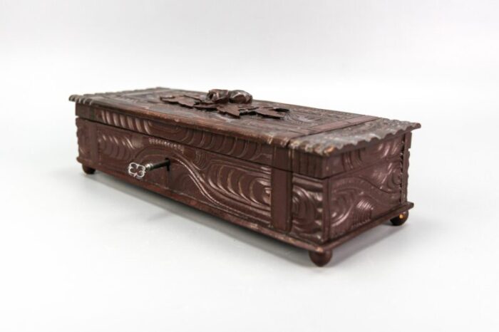 antique swiss black forest dark brown carved wood glove box ca 1900s 2