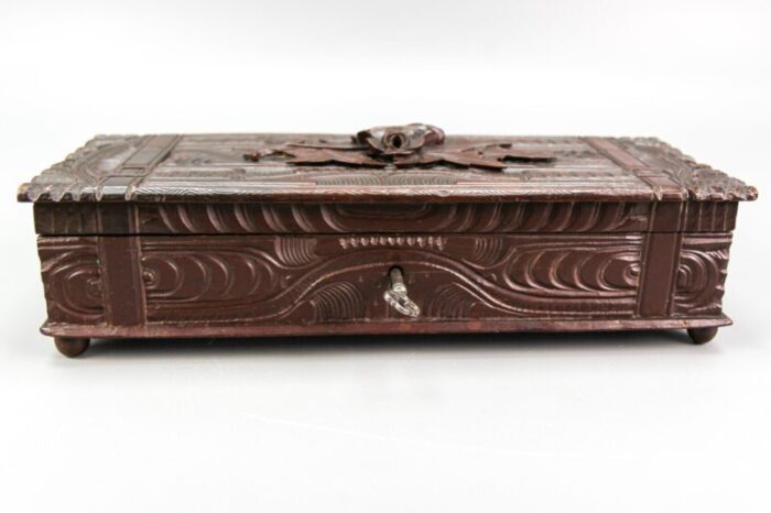 antique swiss black forest dark brown carved wood glove box ca 1900s 3