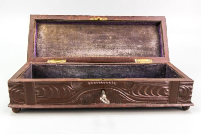 antique swiss black forest dark brown carved wood glove box ca 1900s 4