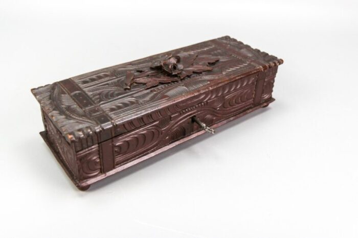 antique swiss black forest dark brown carved wood glove box ca 1900s 5