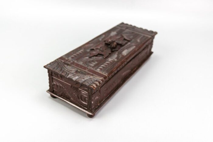 antique swiss black forest dark brown carved wood glove box ca 1900s 9