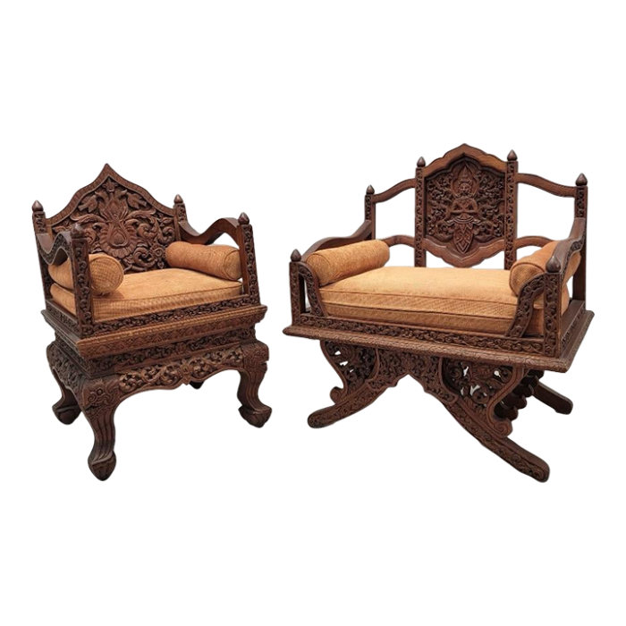 antique thai howdah hand carved rosewood ornate saddle chairs set of 2 5463