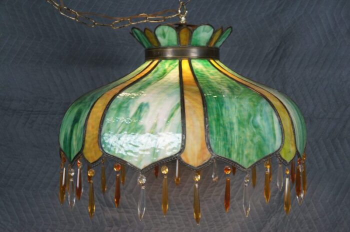 antique victorian green slag glass drop crystal swag light 2360