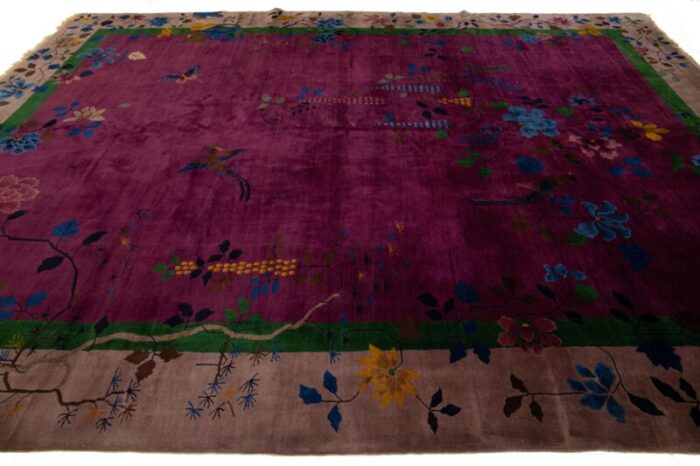 art deco antique purple wool rug handmade with chinese floral motif 0823