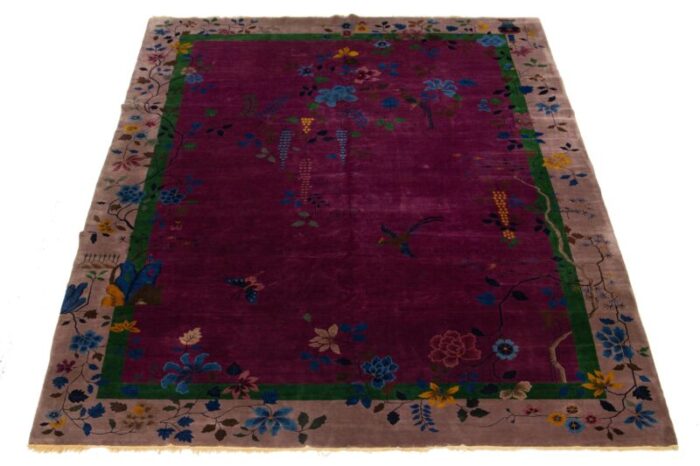 art deco antique purple wool rug handmade with chinese floral motif 3250