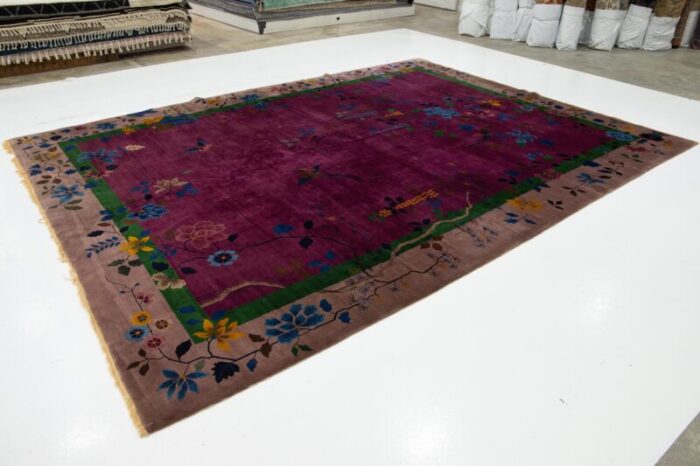 art deco antique purple wool rug handmade with chinese floral motif 3421