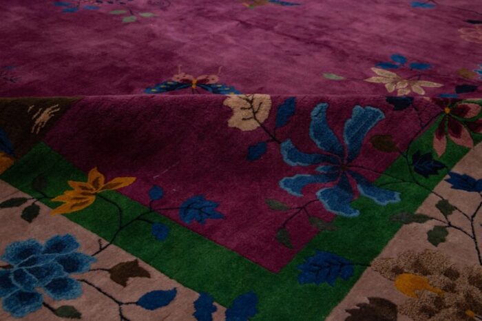 art deco antique purple wool rug handmade with chinese floral motif 4191