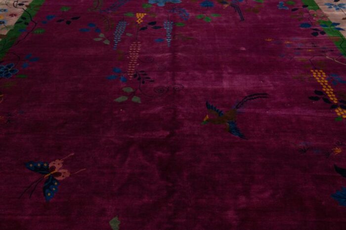 art deco antique purple wool rug handmade with chinese floral motif 4463