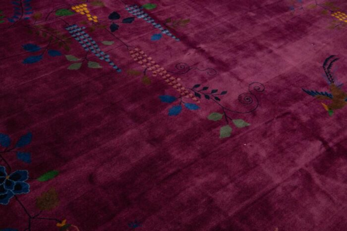 art deco antique purple wool rug handmade with chinese floral motif 8052