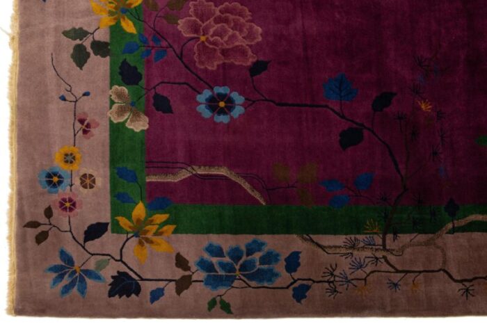 art deco antique purple wool rug handmade with chinese floral motif 9453