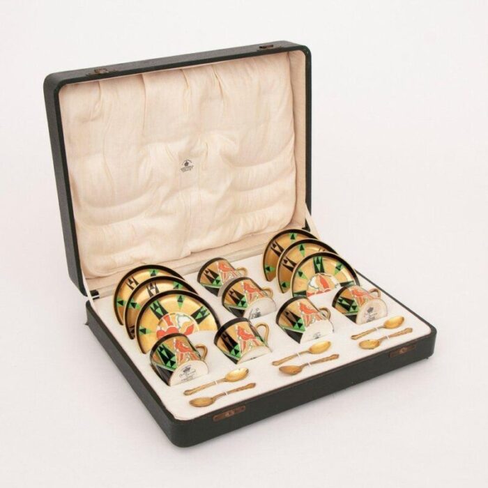 art deco boxed crown devon orient coffee set with mappin and webb silver gilt spoons set of 19 1