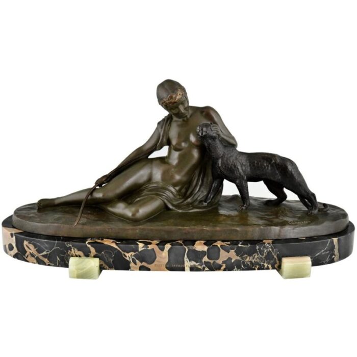 art deco bronze sculpture of woman with panther by c charles 1930 1