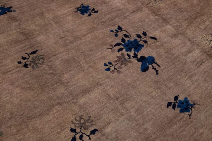 art deco chinese floral designed wool rug antique handmade in light brown 0321