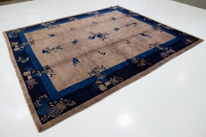 art deco chinese floral designed wool rug antique handmade in light brown 2316