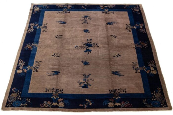 art deco chinese floral designed wool rug antique handmade in light brown 5902