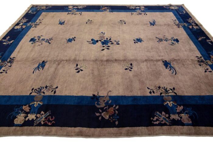 art deco chinese floral designed wool rug antique handmade in light brown 9799