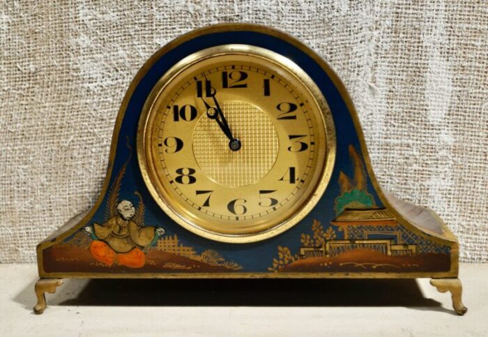 art deco chinoiserie blue mantel clock 1