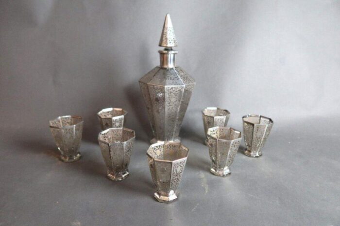 art deco glasses and carafe in glass and silver set of 8 1